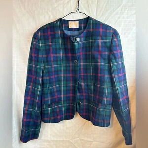 Vintage Pendleton Red Blue Plaid Virgin Wool Blazer Womens 10  L USA  Lined